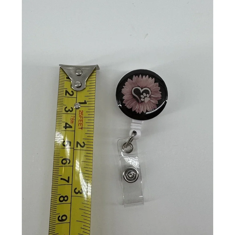 Floral Paw Print in Heart Badge Reel Retractable ID Holder Pink Daisy Cute Nurse